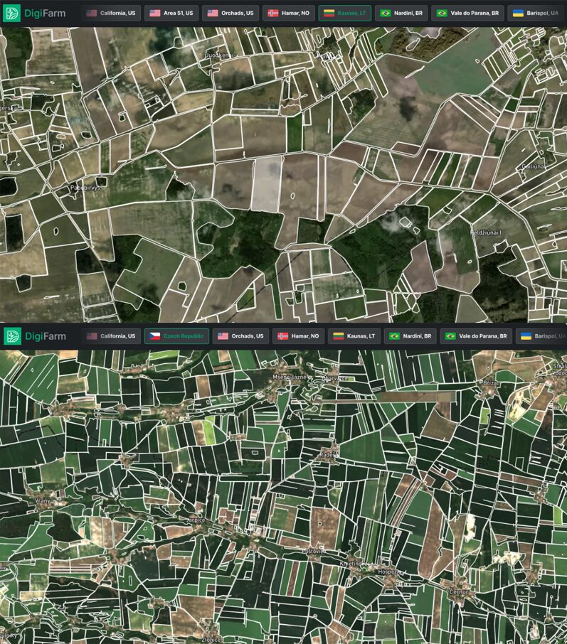  Fields do not look the same in different countries. The AI model must learn to recognise fields all over the world. Illustration: DigiFarm.